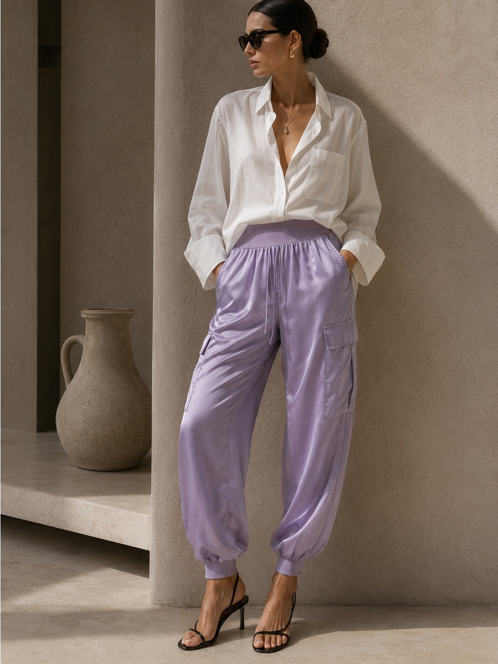 Cinq à Sept “Giles” Cupro Cargo Joggers | Lavender | Loungewear | Size Medium